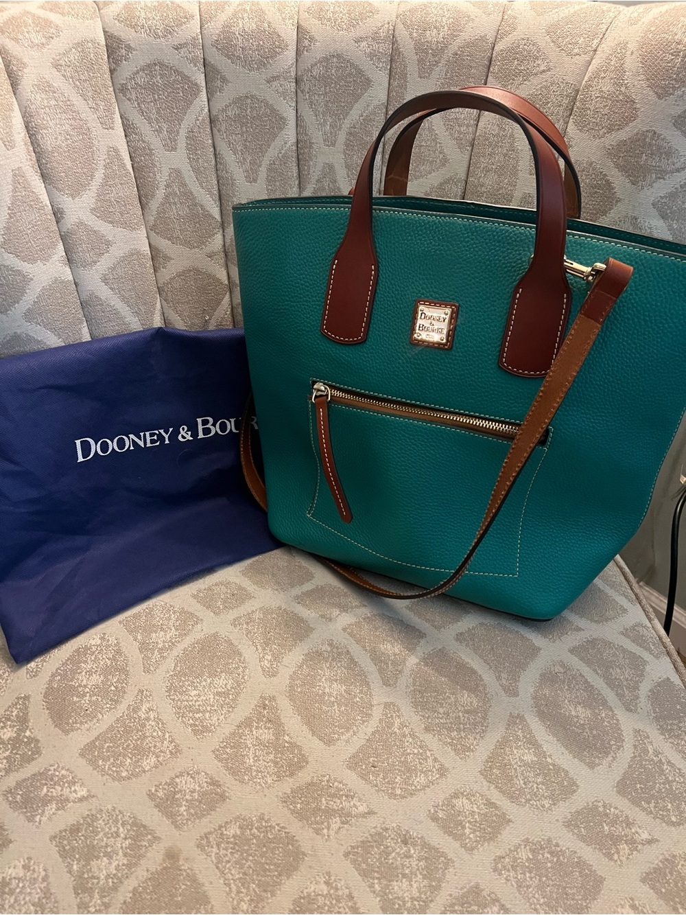Dooney & Bourke Teal Pebble Leather Tote with Brown Trim and Gold Accents